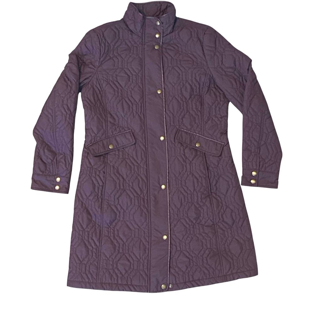 Land's End Quilted Puffer Coat Women Sz M Purple Geometric Pattern Primaloft